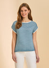 Front view of blue and white stripe sweater with cap sleeves by French Dressing Jeans (FDJ)