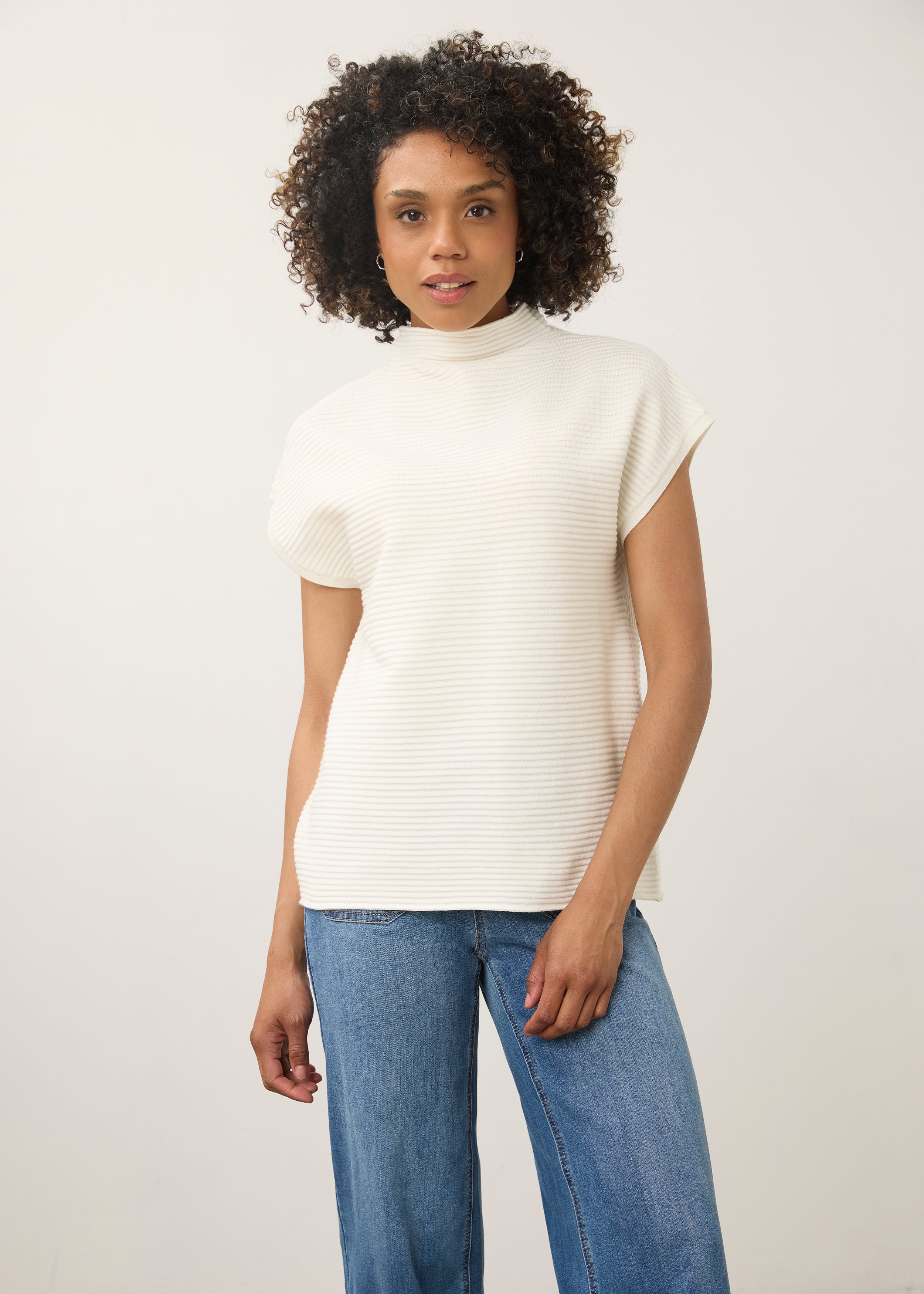 Front view of white short sleeve top with ribbed texture and high collar by French Dressing Jeans (FDJ)