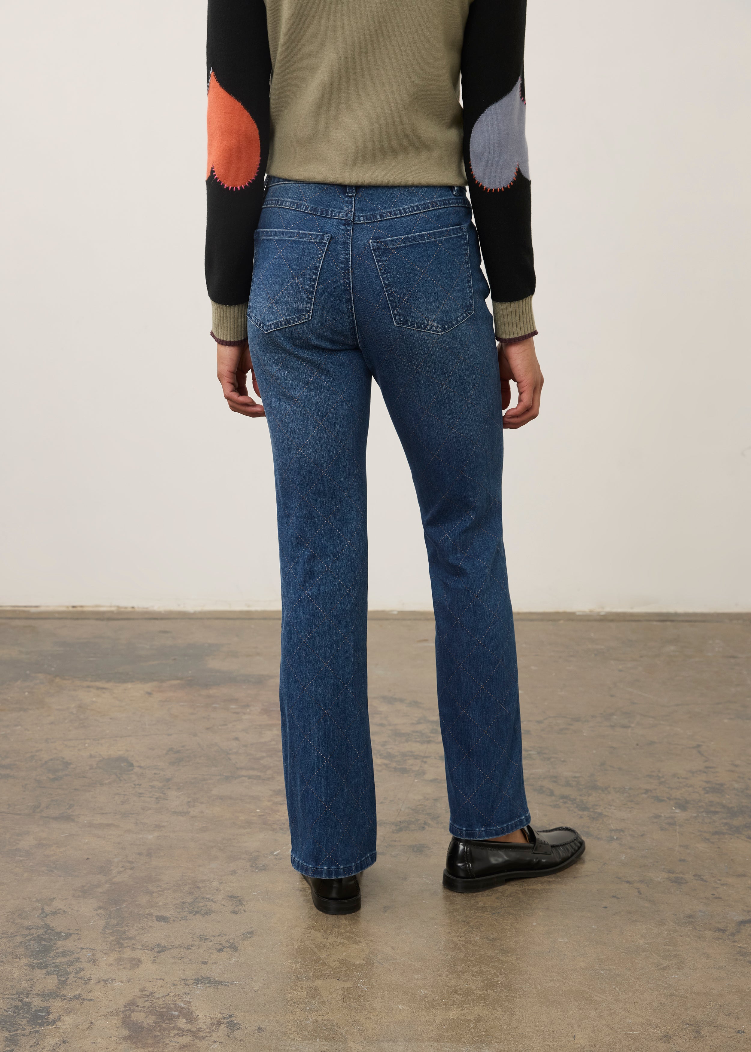 Back view of medium blue Olivia denim showcasing back patch pockets by French Dressing Jeans (FDJ)