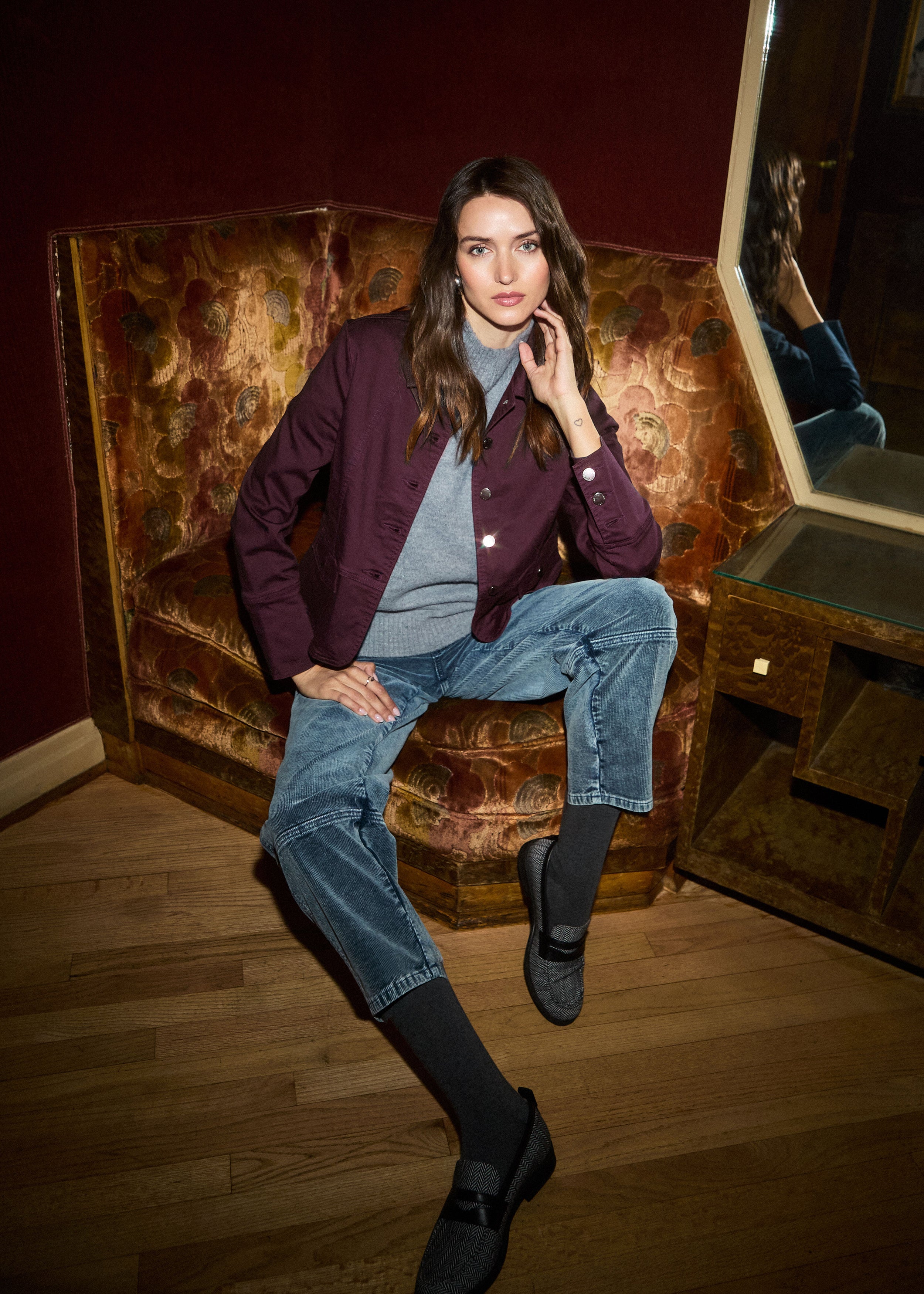 Front detail of Suzanne straight leg pant in blueberry showing high-rise waistband by French Dressing Jeans (FDJ)