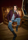 Front detail of Suzanne straight leg pant in blueberry showing high-rise waistband by French Dressing Jeans (FDJ)