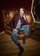 Front detail of Suzanne straight leg pant in blueberry showing high-rise waistband by French Dressing Jeans (FDJ)