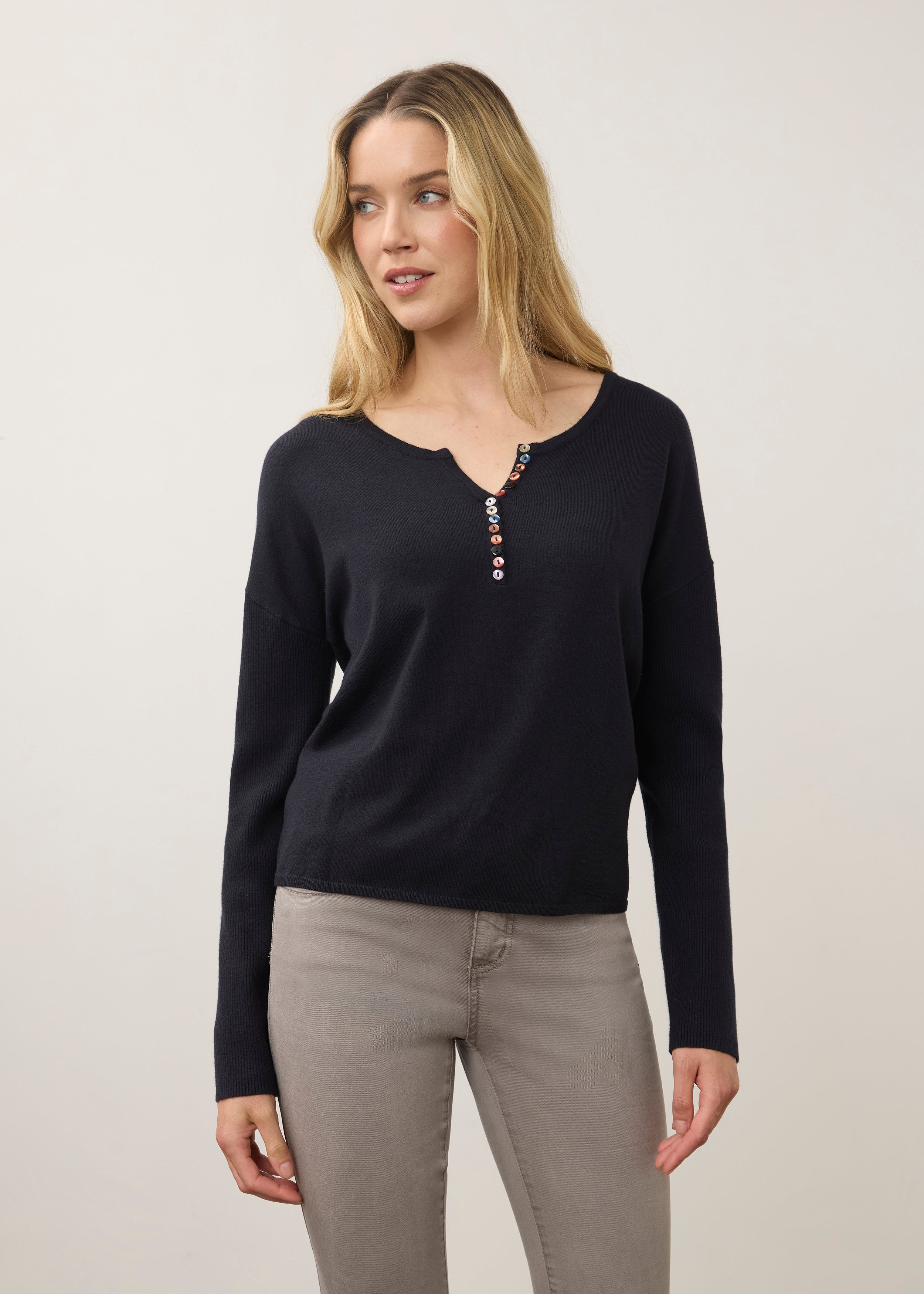 Front view of navy sweater with colorful button detail by French Dressing Jeans (FDJ)