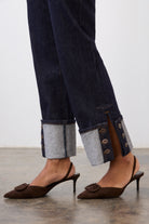 Back view of Suzanne pant in blueberry, emphasizing sleek patch pockets and fit by French Dressing Jeans (FDJ)