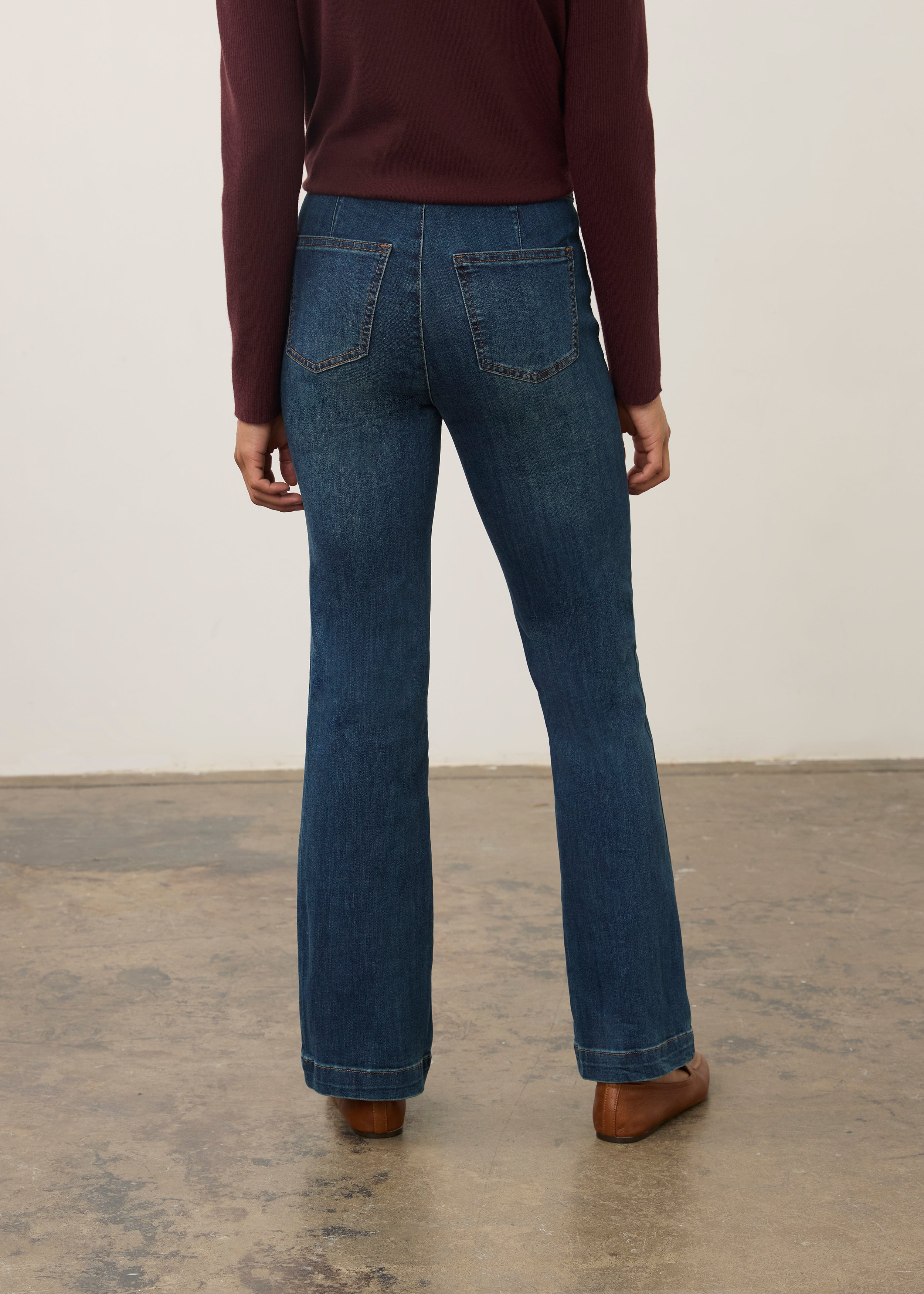 Back view of medium blue jeans highlighting back patch pockets and straight leg by French Dressing Jeans (FDJ) par French Dressing Jeans (FDJ)