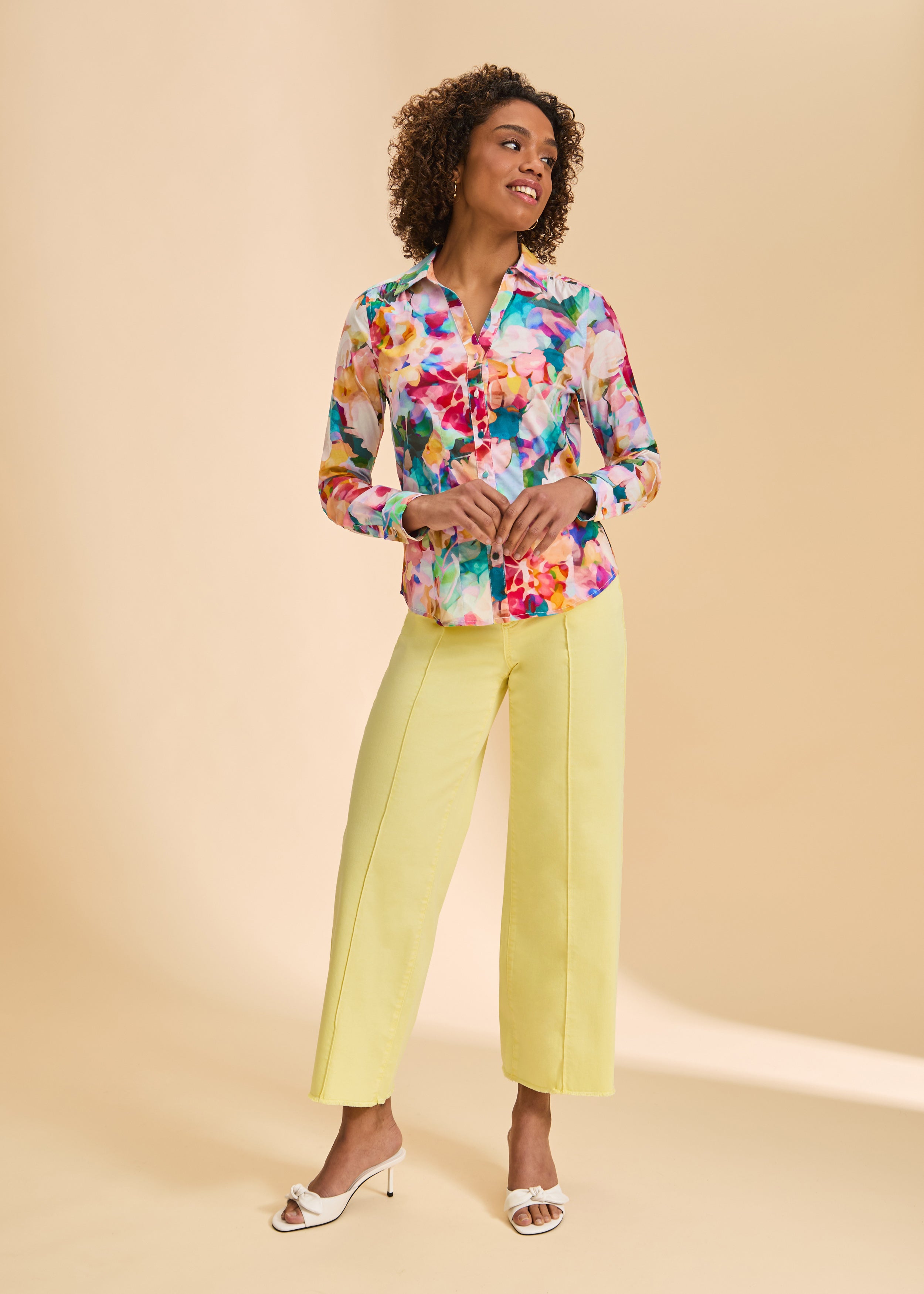 Floral shirt with yellow wide-leg pants full view by French Dressing Jeans (FDJ)