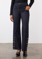 Full-body view of model in Suzanne pant in blueberry, showcasing versatile style by French Dressing Jeans (FDJ)