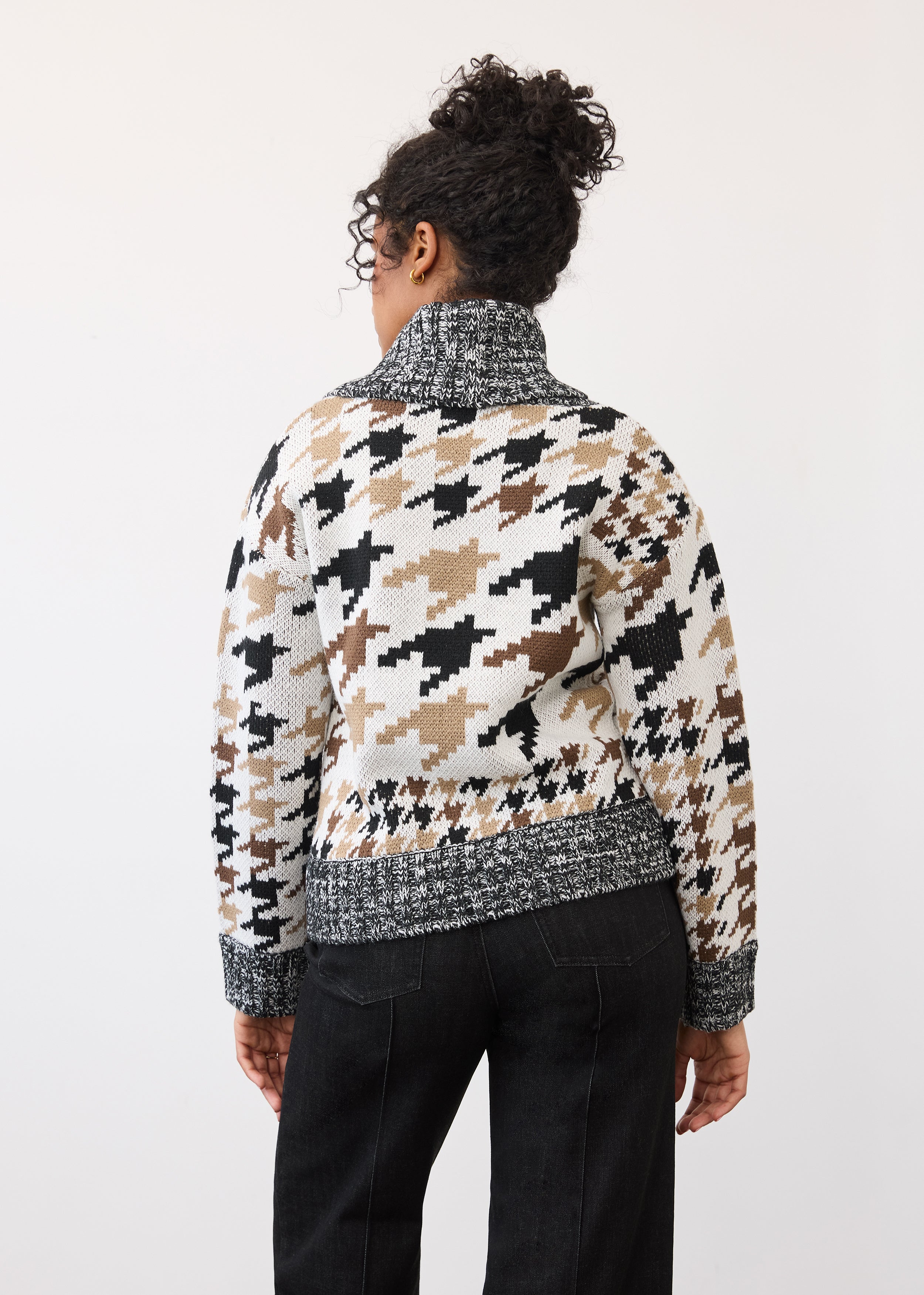 Back view of patterned sweater displaying full motif and ribbed hem by French Dressing Jeans (FDJ)