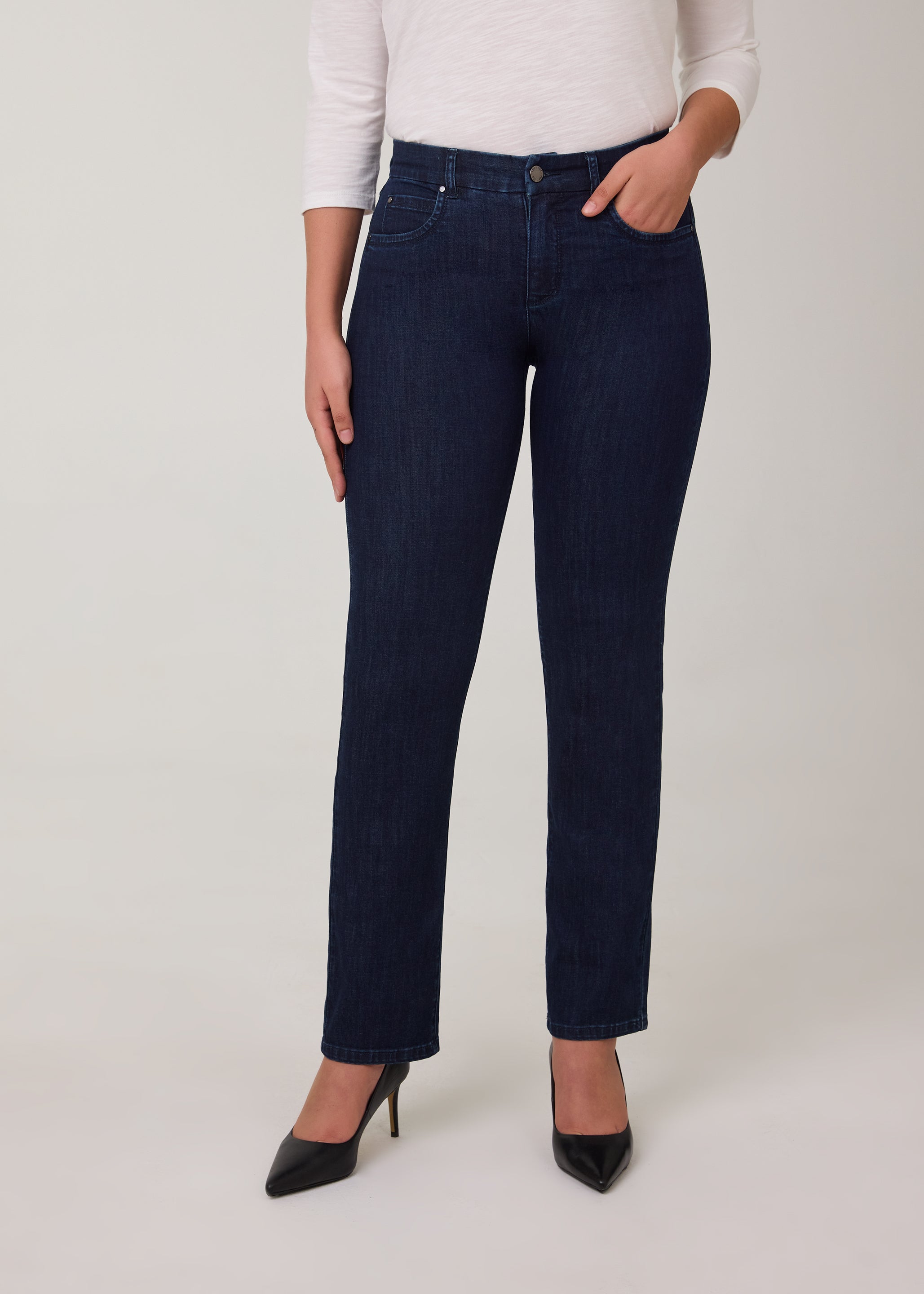 Front view of slim fit straight leg jeans in Delight color by French Dressing Jeans (FDJ)