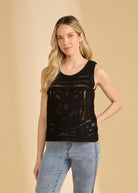 Front view of black crochet tank with intricate designs by French Dressing Jeans (FDJ)