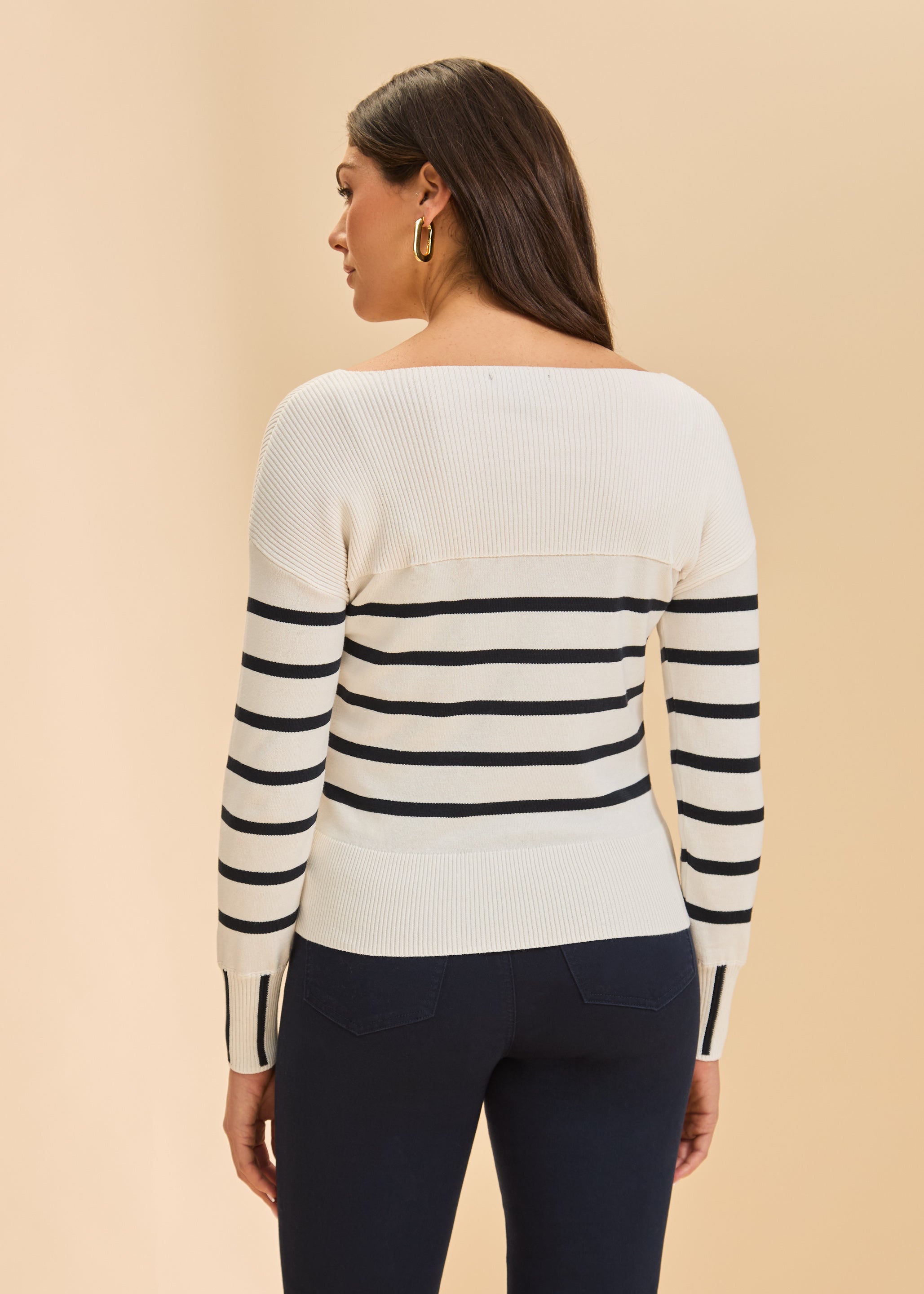 Back view of white/black stripe sweater showing stripe pattern by French Dressing Jeans (FDJ)