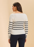 Back view of white/black stripe sweater showing stripe pattern by French Dressing Jeans (FDJ)