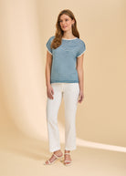 Full view of blue and white striped sweater with white pants by French Dressing Jeans (FDJ)