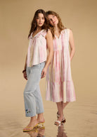 Two models wearing striped top and dress, showcasing coordinated pastel hues by French Dressing Jeans (FDJ)