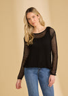 Front view of black mesh long sleeve top with scoop neck paired with jeans by French Dressing Jeans (FDJ)