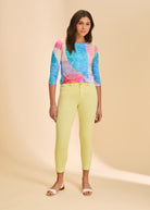 Colorful top with yellow skinny pants full view by French Dressing Jeans (FDJ)