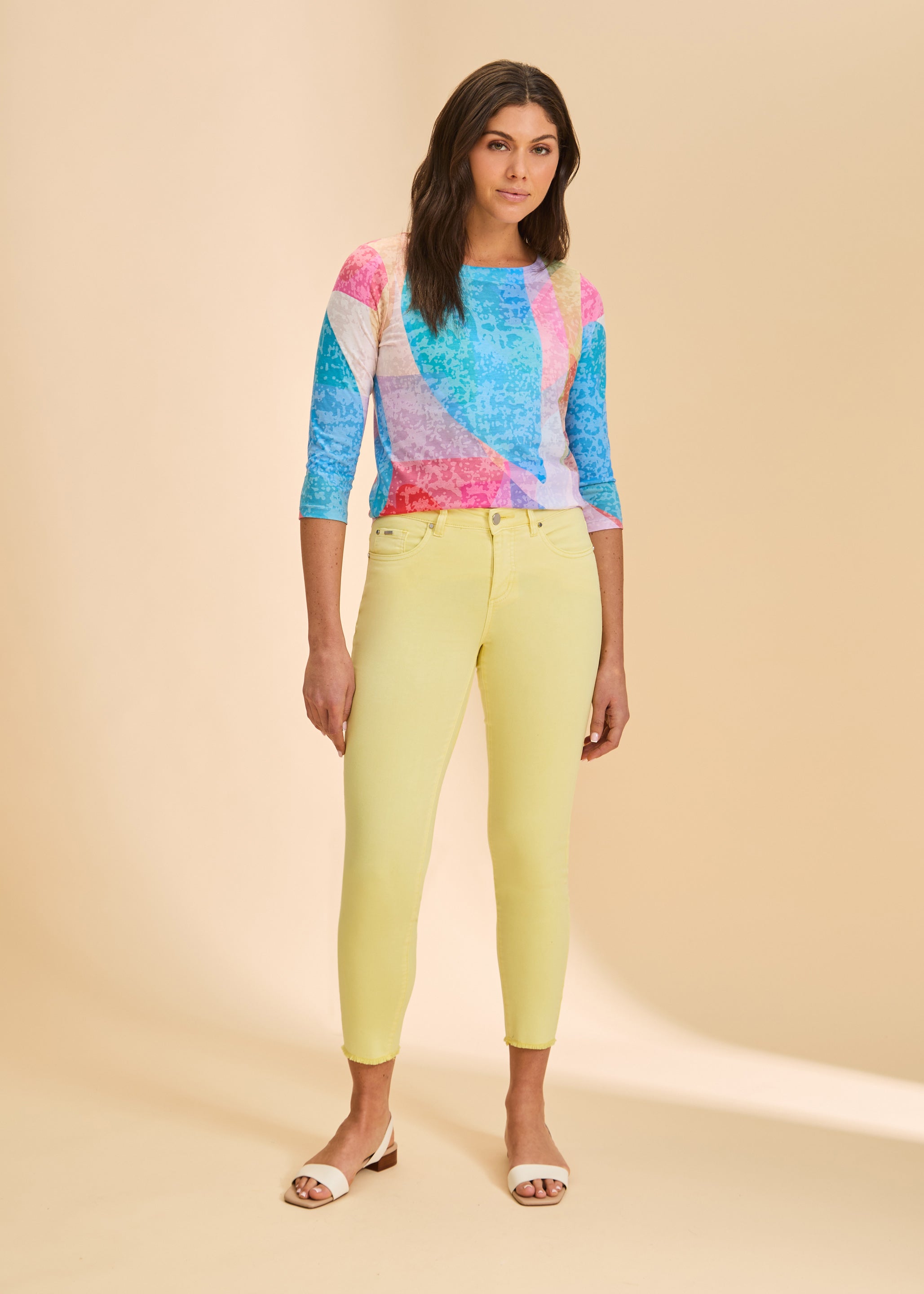 Colorful top with yellow skinny pants full view by French Dressing Jeans (FDJ)