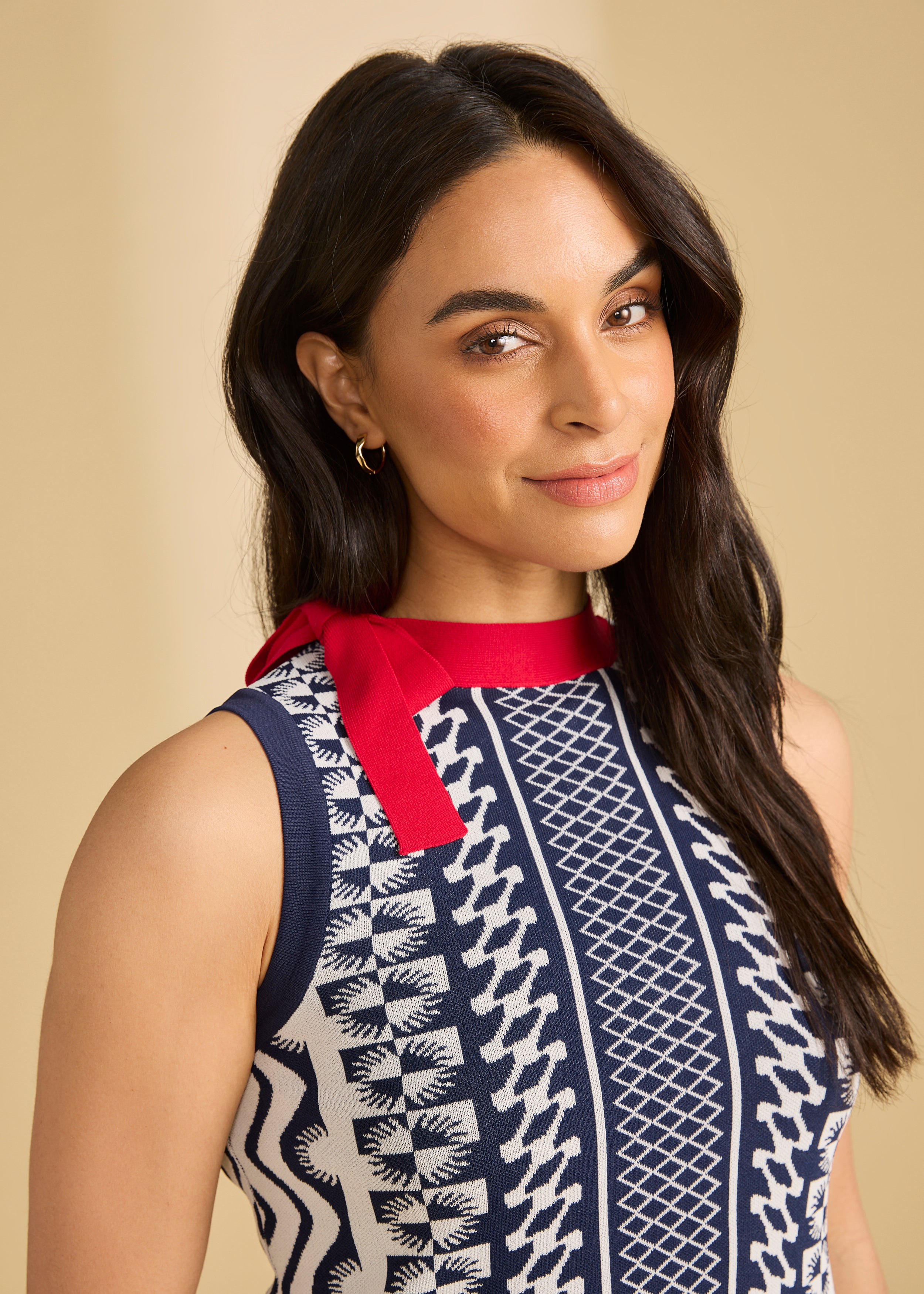 Close-up of navy patterned top with red bow detail by French Dressing Jeans (FDJ)