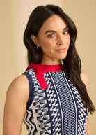 Close-up of navy patterned top with red bow detail by French Dressing Jeans (FDJ)