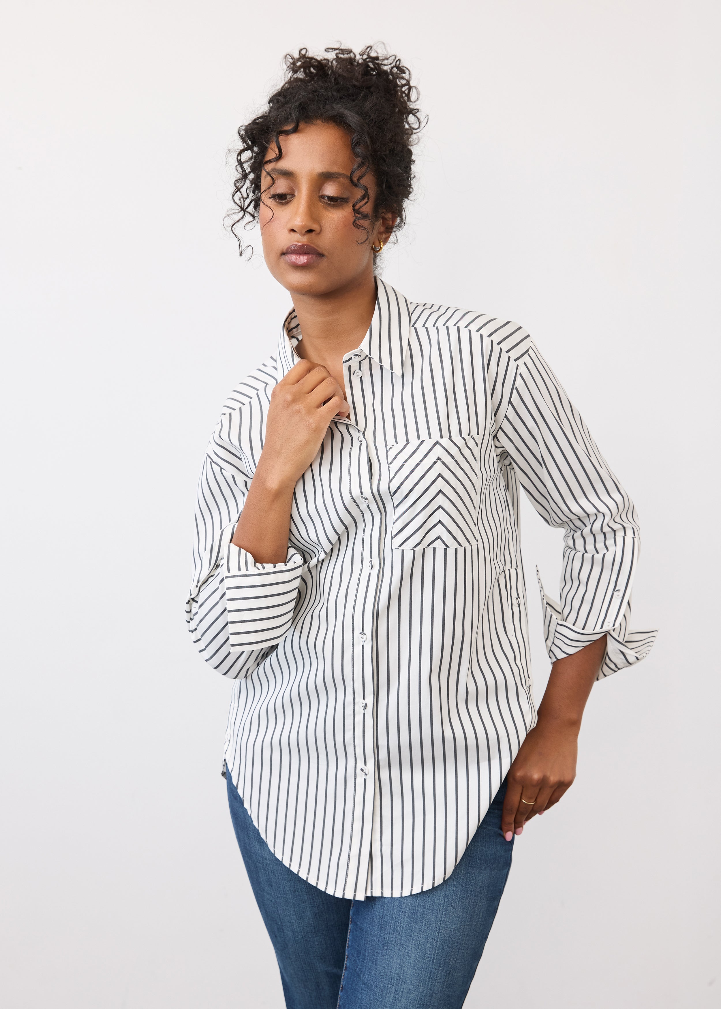 Front view of black striped long sleeve shirt with patch pocket by French Dressing Jeans (FDJ)