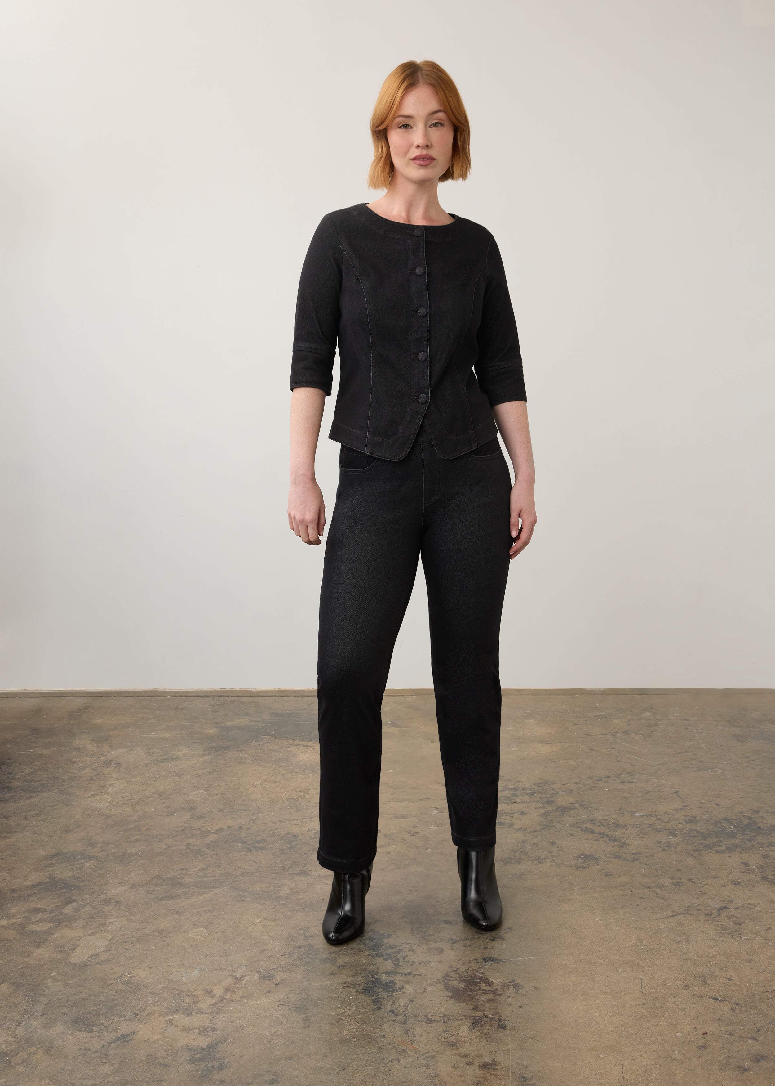 Black button-up top and jeans full outfit view showing sleek silhouette by French Dressing Jeans (FDJ)