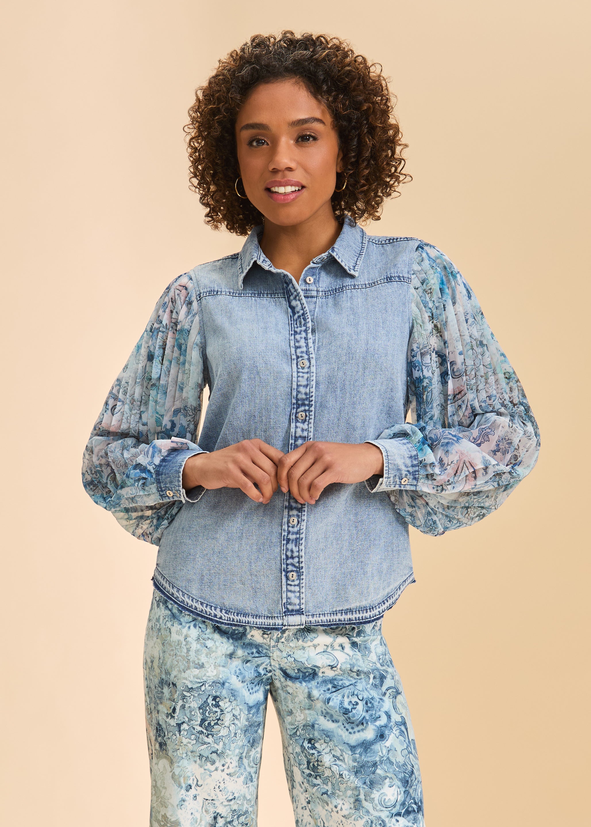 Front view of denim shirt with sheer floral sleeves by French Dressing Jeans (FDJ)