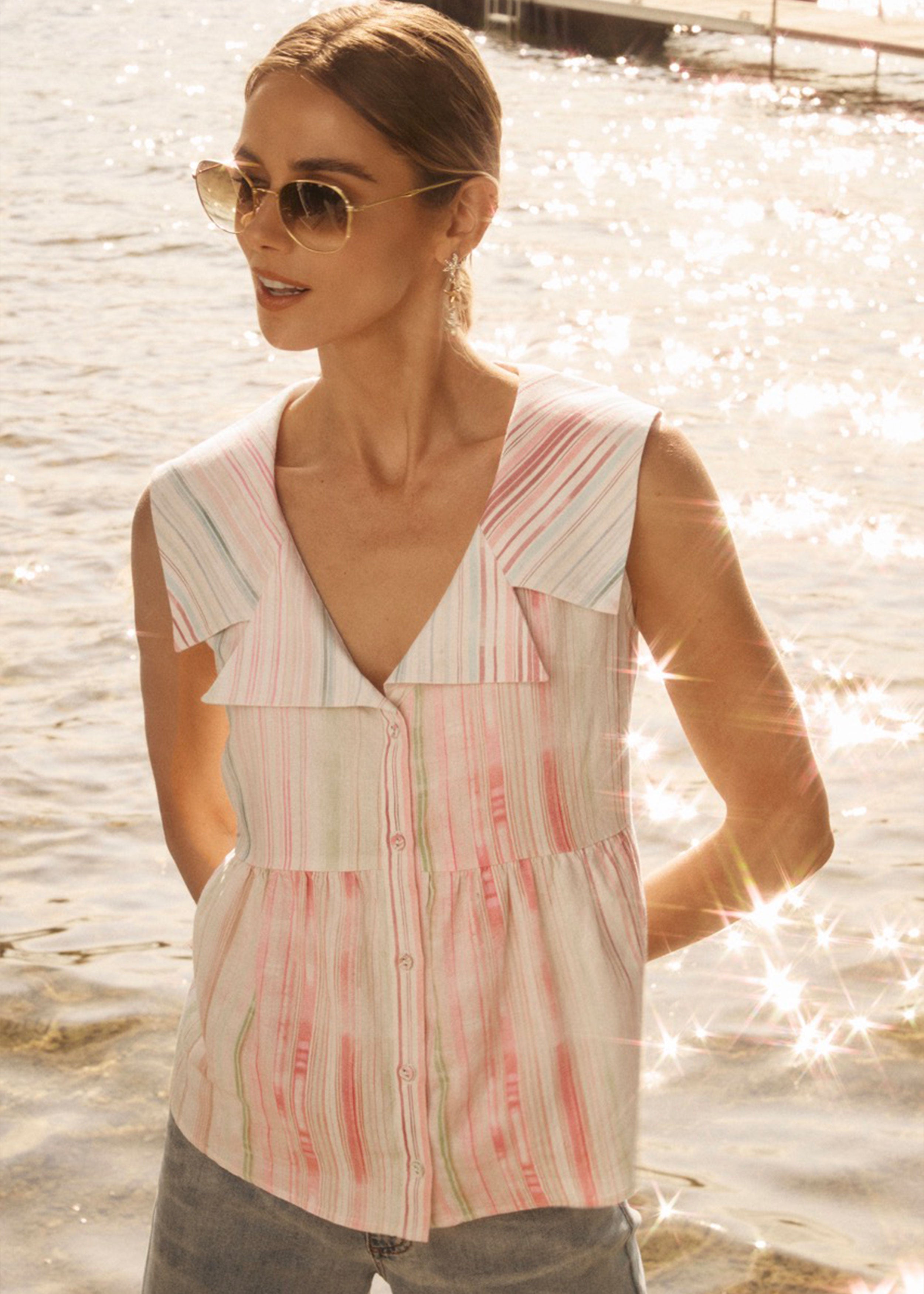 Close-up of woman in Spritz Stripes printed shirt with V-neck, outdoors by French Dressing Jeans (FDJ)