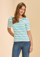 Front view of black and white boatneck stripe sweater with short sleeves by French Dressing Jeans (FDJ)