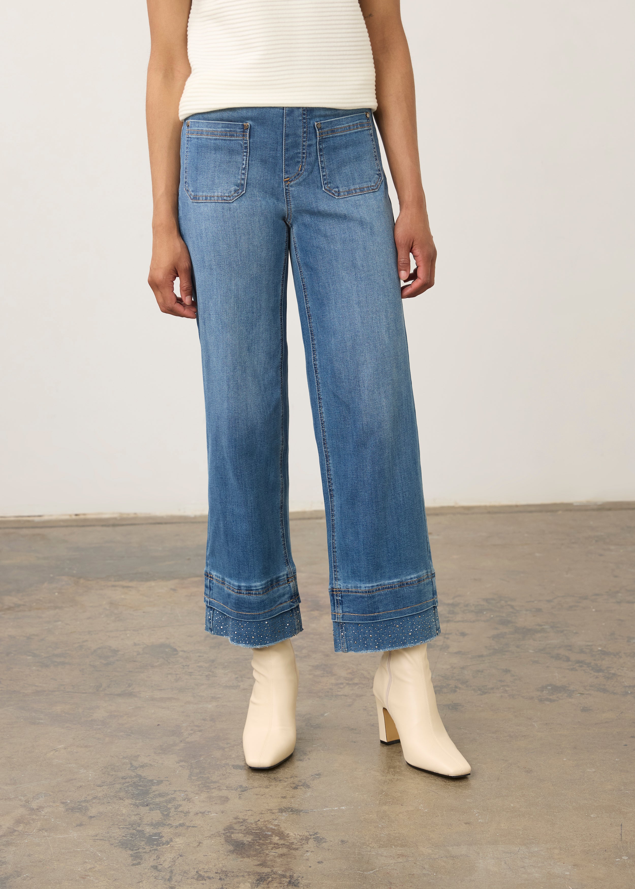 Front view of medium blue pull-on wide ankle denim showing front patch pockets by French Dressing Jeans (FDJ) par French Dressing Jeans (FDJ)