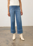 Front view of medium blue pull-on wide ankle denim showing front patch pockets by French Dressing Jeans (FDJ) par French Dressing Jeans (FDJ)