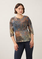 Front view of Henley top in earthy tones, round neck and 3/4 sleeves by French Dressing Jeans (FDJ)