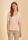 Front view of orange striped V-neck short sleeve top with classic fit by French Dressing Jeans (FDJ)