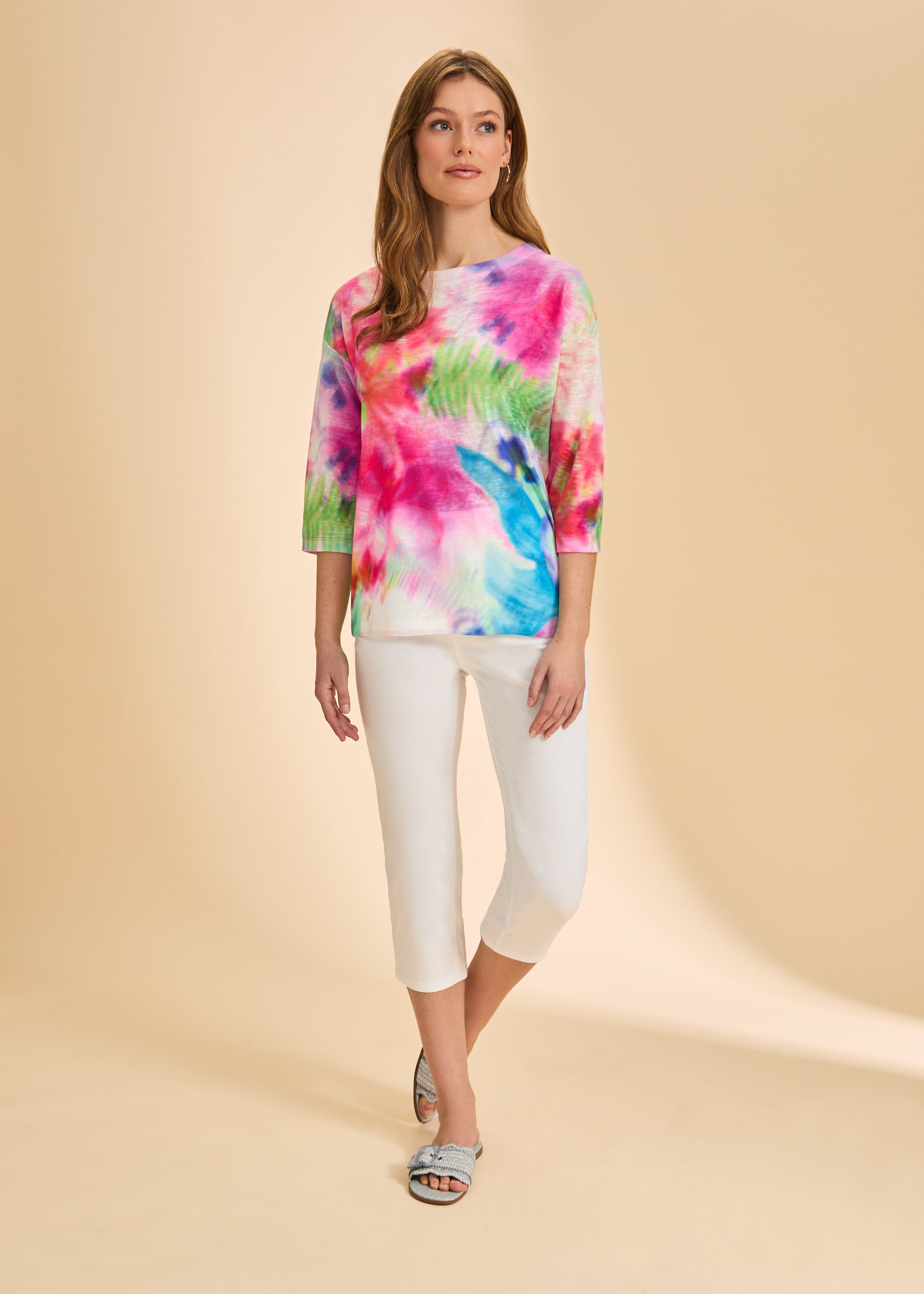 Front view of white cropped jeans, styled with colorful top by French Dressing Jeans (FDJ)