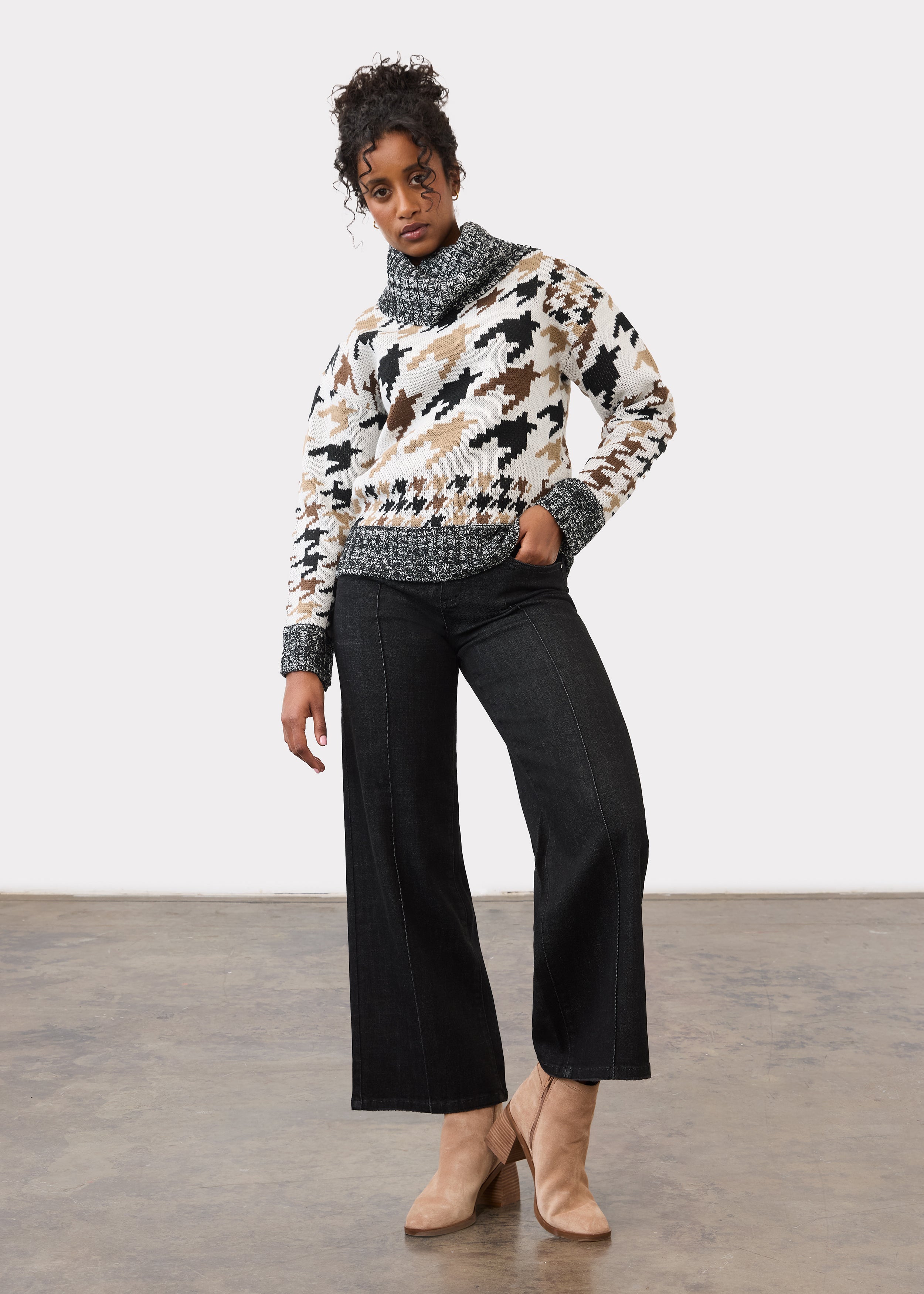 Full outfit view with patterned sweater and wide-leg jeans by French Dressing Jeans (FDJ)