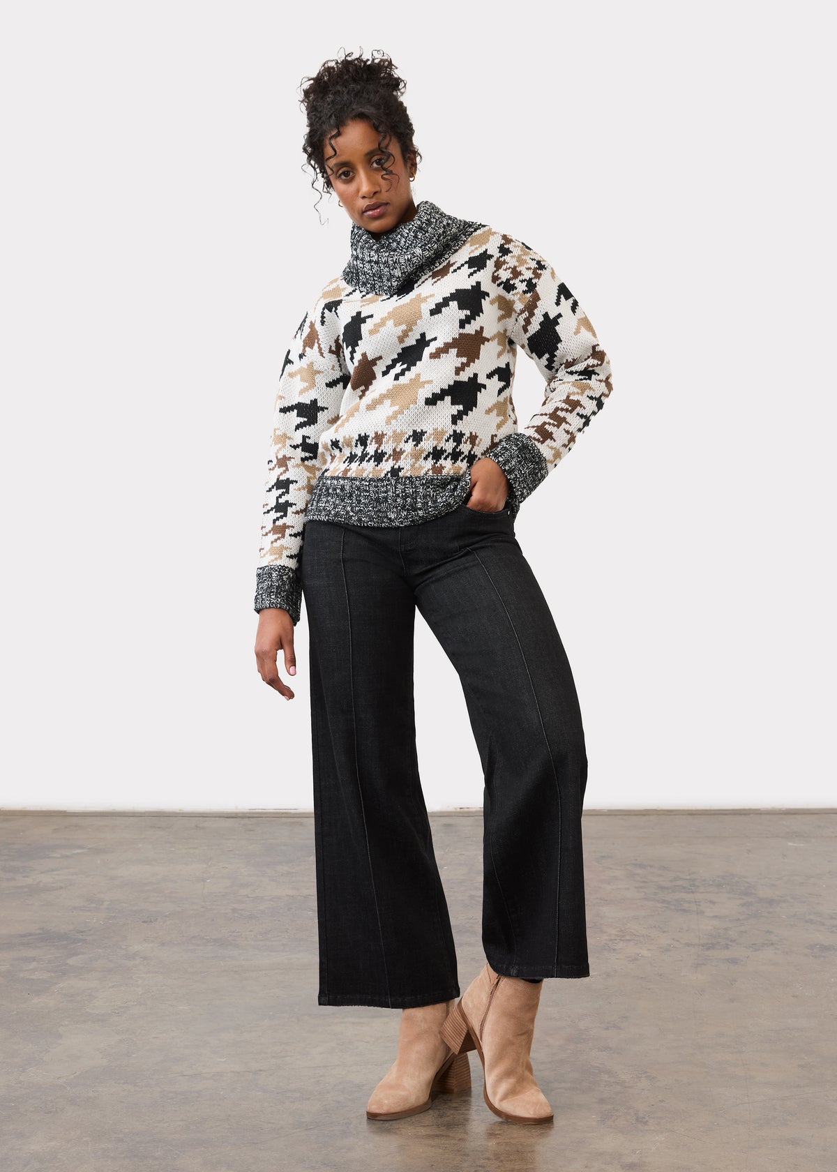 Full outfit view with patterned sweater and wide-leg jeans by French Dressing Jeans (FDJ)