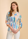 Front view of bright 3/4 sleeve Henley top with colorful stripes and V-neck by French Dressing Jeans (FDJ)