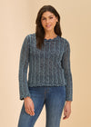 Front view of dark blue lace sweater with long sleeves by French Dressing Jeans (FDJ)