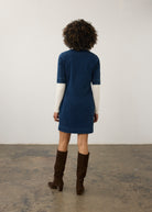 Back view of Elbow Sleeve Shift Dress in dark rinse showing smooth shift style by French Dressing Jeans (FDJ)