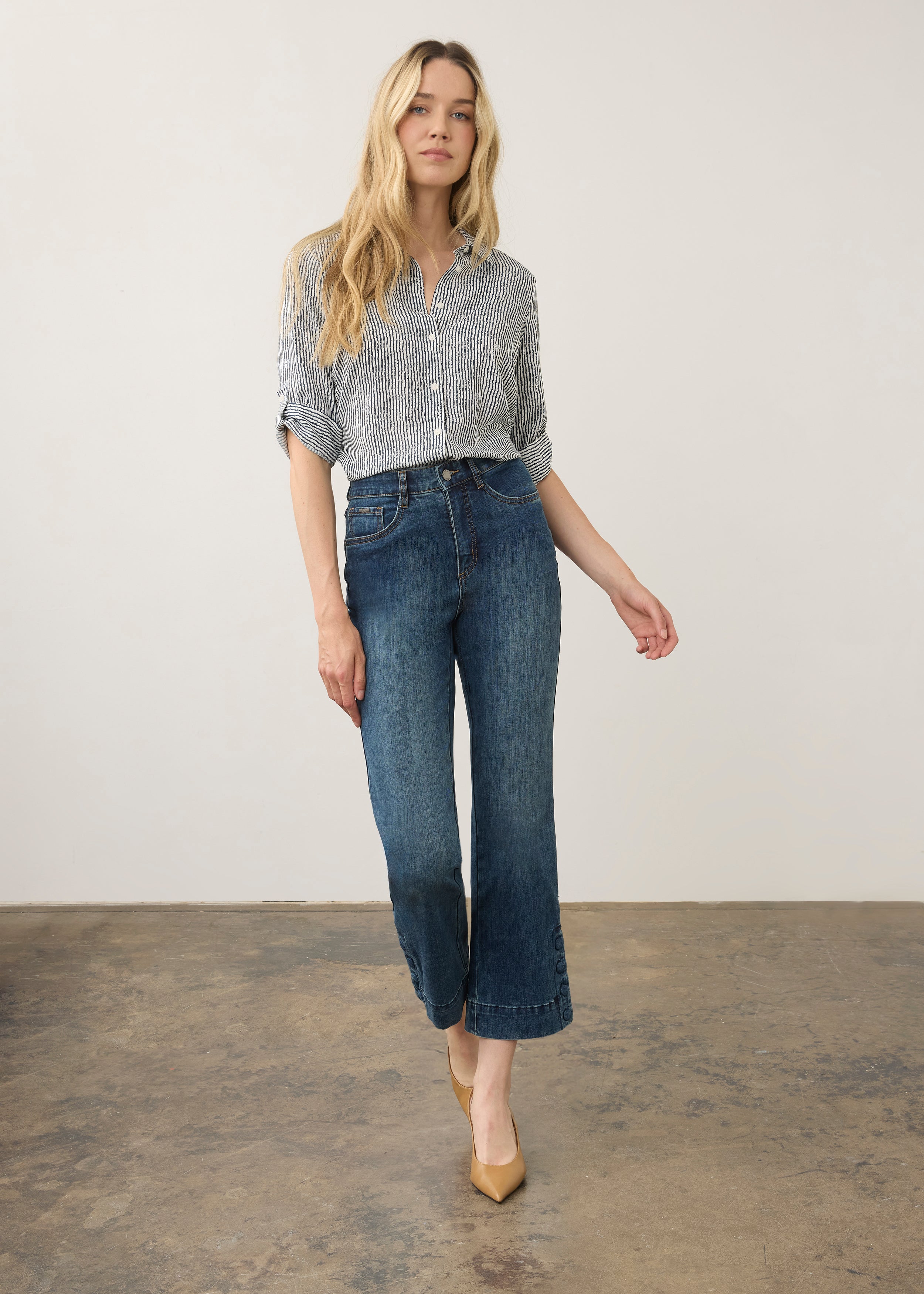 Model in striped navy and white shirt and jeans, full body view by French Dressing Jeans (FDJ)