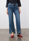 Front view of medium blue bootleg jeans with tulip hem and mid-rise fit by French Dressing Jeans (FDJ)