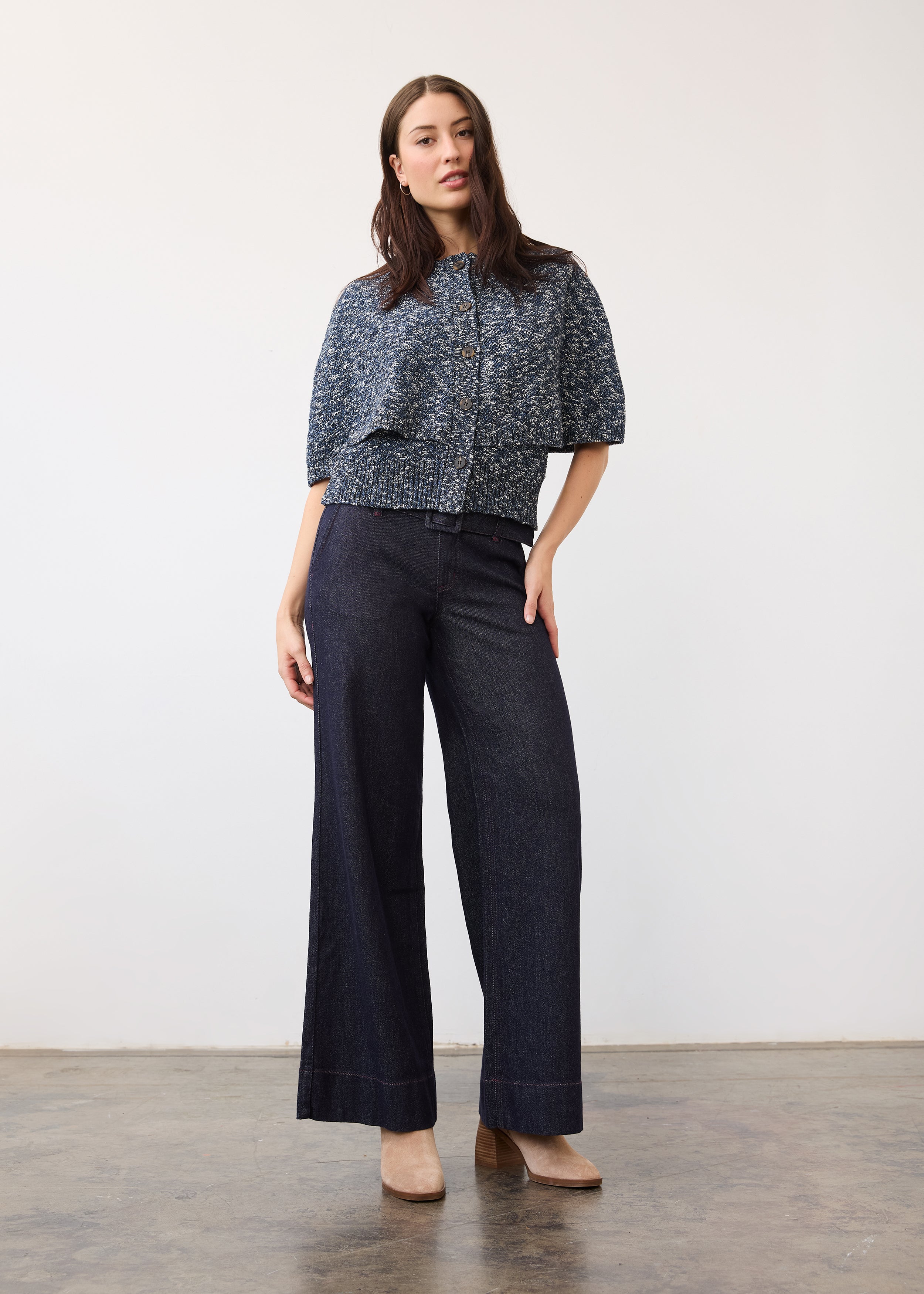 Model in full view wearing Suzanne pant in blueberry, highlighting high-rise design by French Dressing Jeans (FDJ)