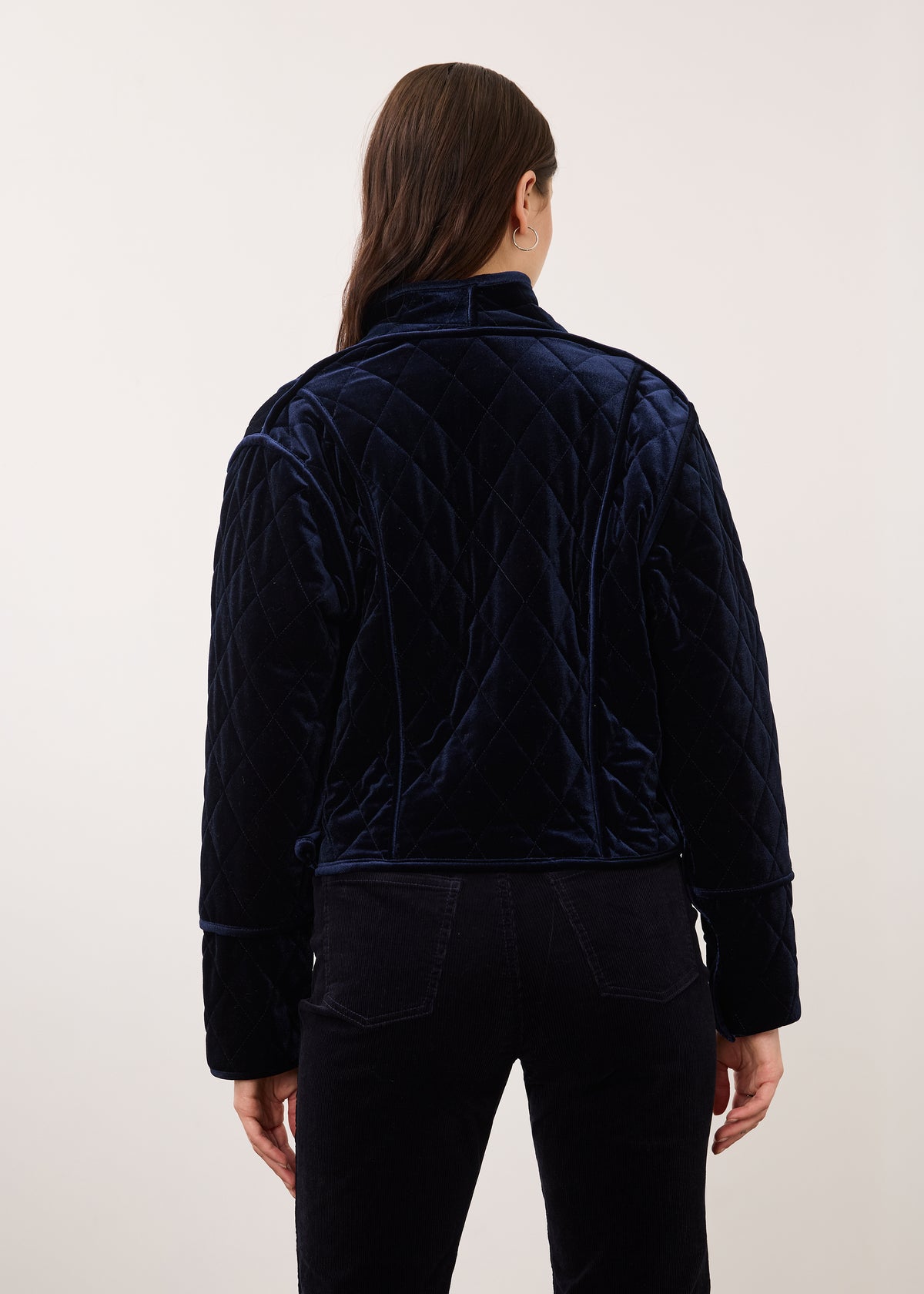 Back view of blueberry quilted jacket showing clean lines and structured fit by French Dressing Jeans (FDJ)