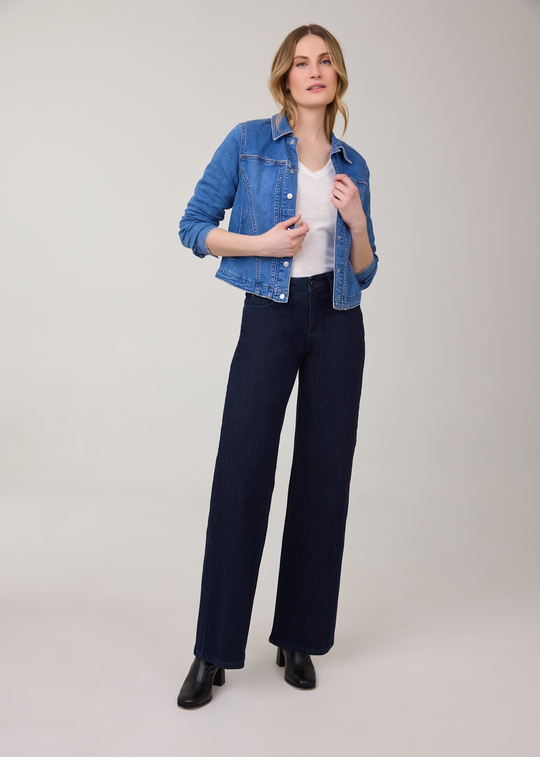 Model in dark Delight wide-leg jeans with denim jacket by French Dressing Jeans (FDJ)