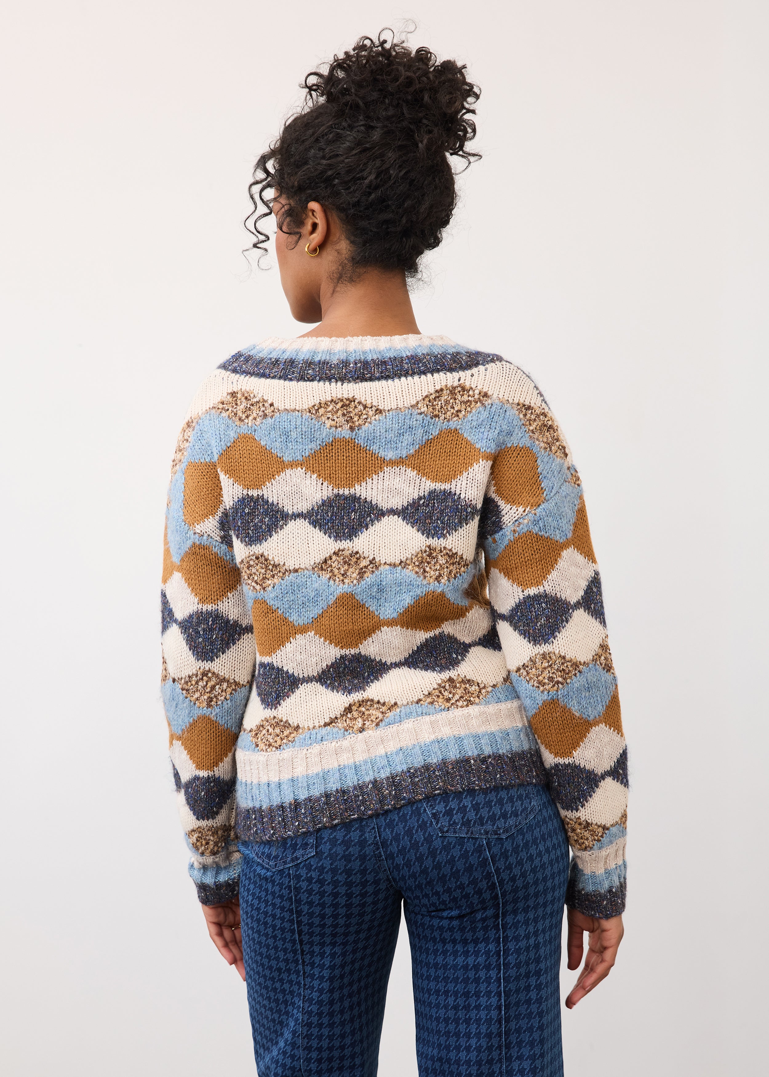Back view of printed sweater displaying full geometric design by French Dressing Jeans (FDJ)