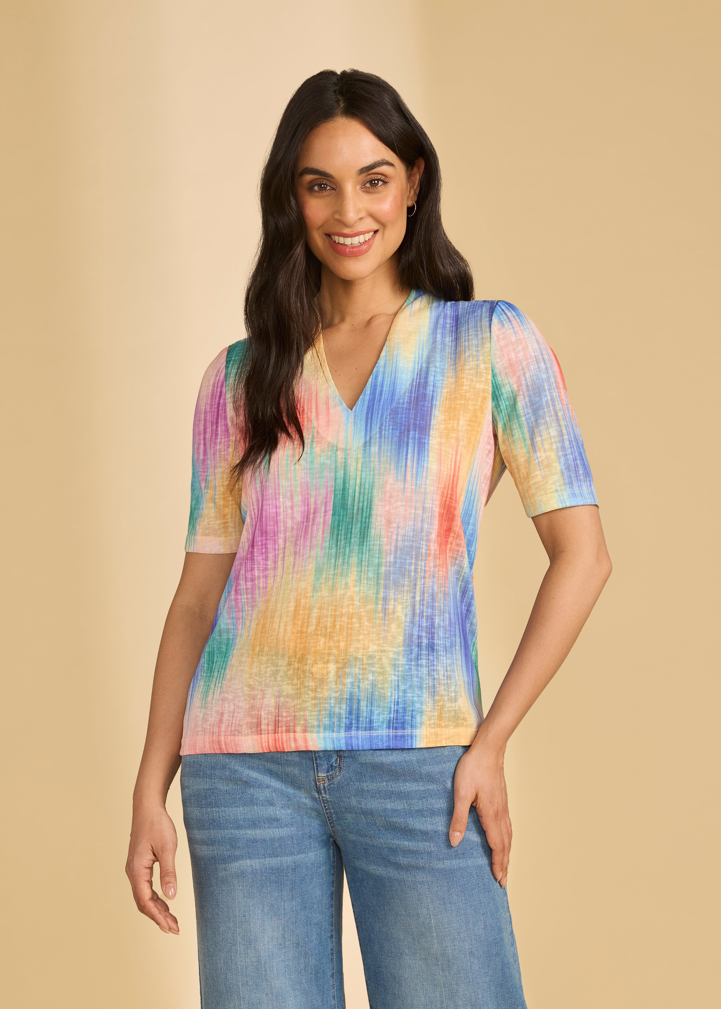 Front view of 3/4 sleeve V-neck top in Tropical Ikat with vibrant colors by French Dressing Jeans (FDJ)