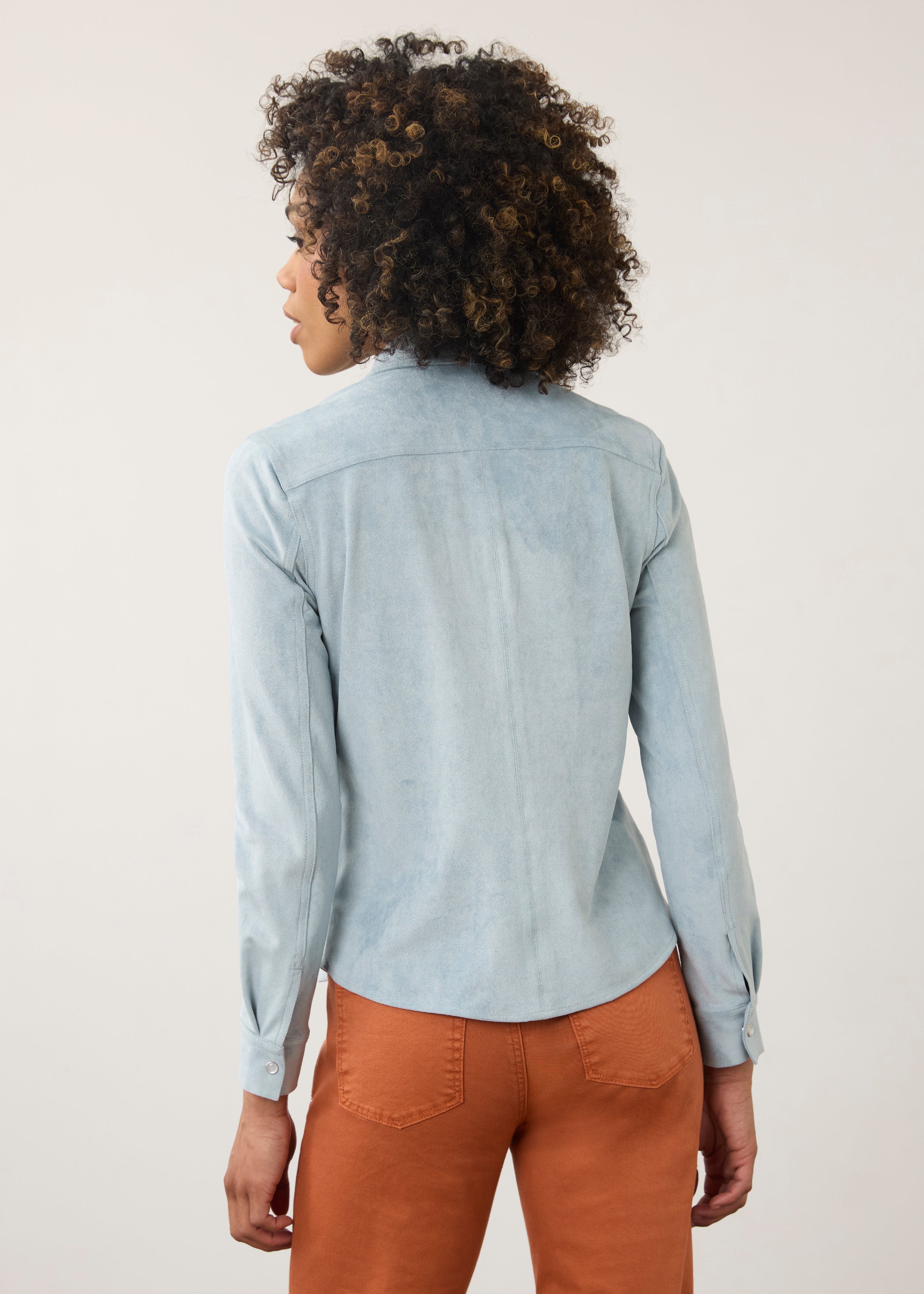 Back view of light blue suede shirt showcasing smooth finish by French Dressing Jeans (FDJ)