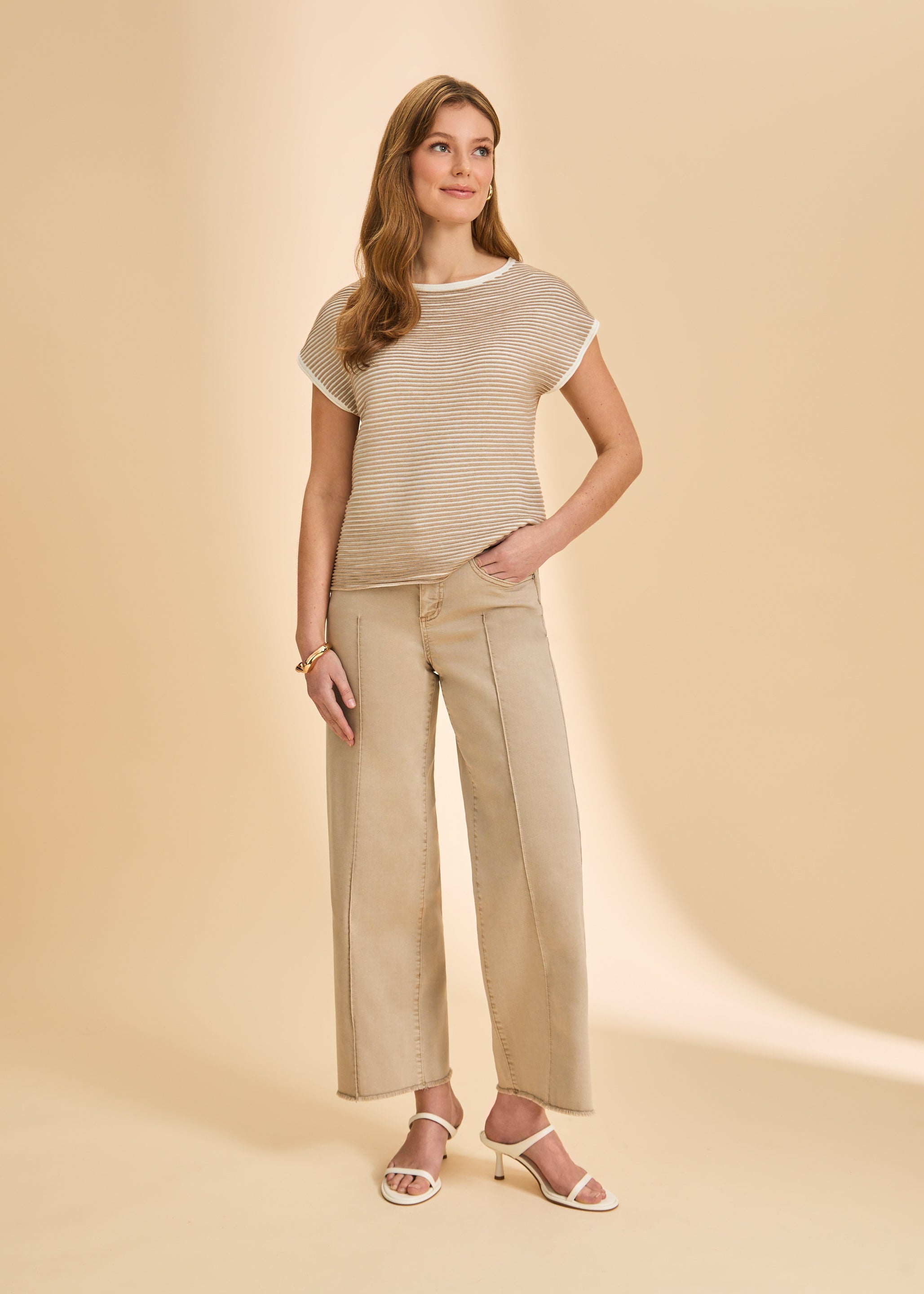 Full view of tan and white striped sweater with wide-leg beige pants by French Dressing Jeans (FDJ)