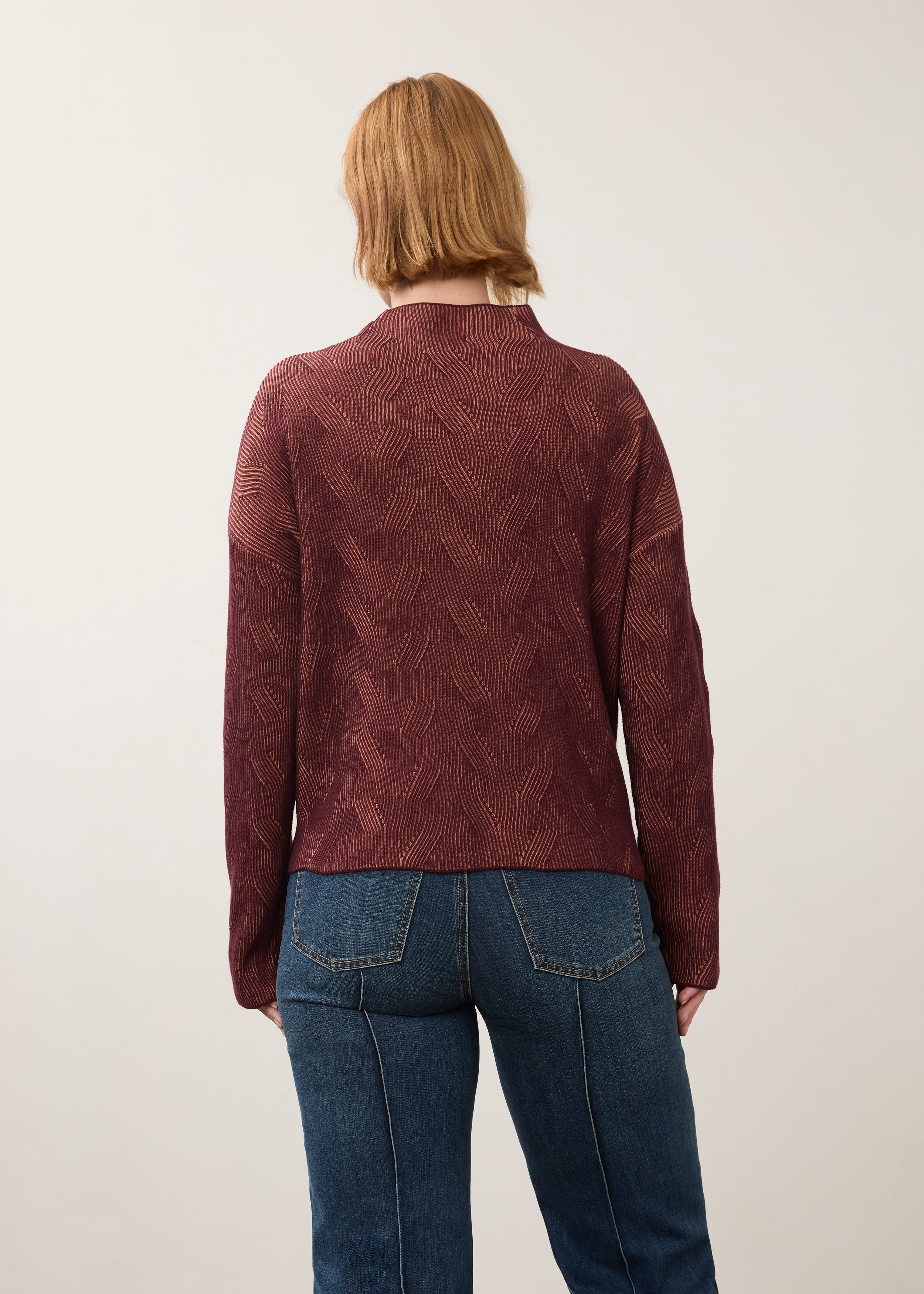 Back view of burgundy patterned top showing textured design by French Dressing Jeans (FDJ)