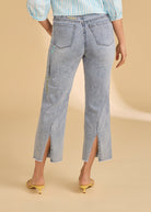Back view of ocean denim jeans with split hem and embroidery by French Dressing Jeans (FDJ)