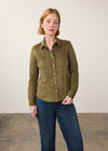 Front view of olive suede shirt with button front and chest pockets by French Dressing Jeans (FDJ)